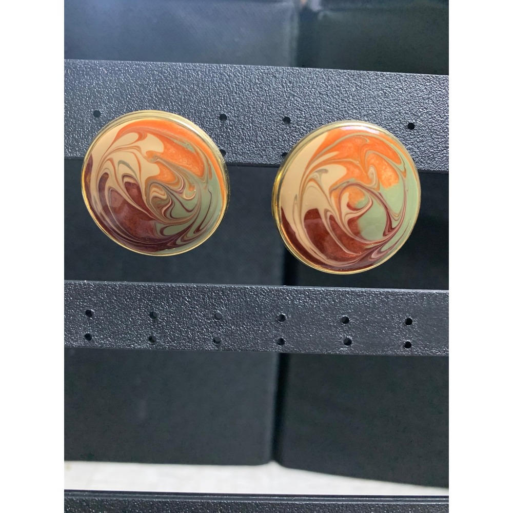 Vintage‎ Gold Tone Marbled Enamel Button Stud Earrings Orange Green Earth Tones